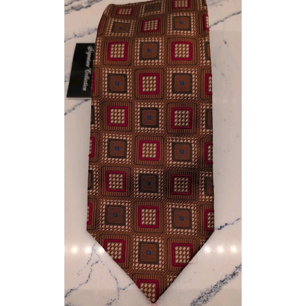 Jos.A.Bank Signature Collection 100% Silk Italy Tie Brown Square Geometric NWT - Picture 2 of 6